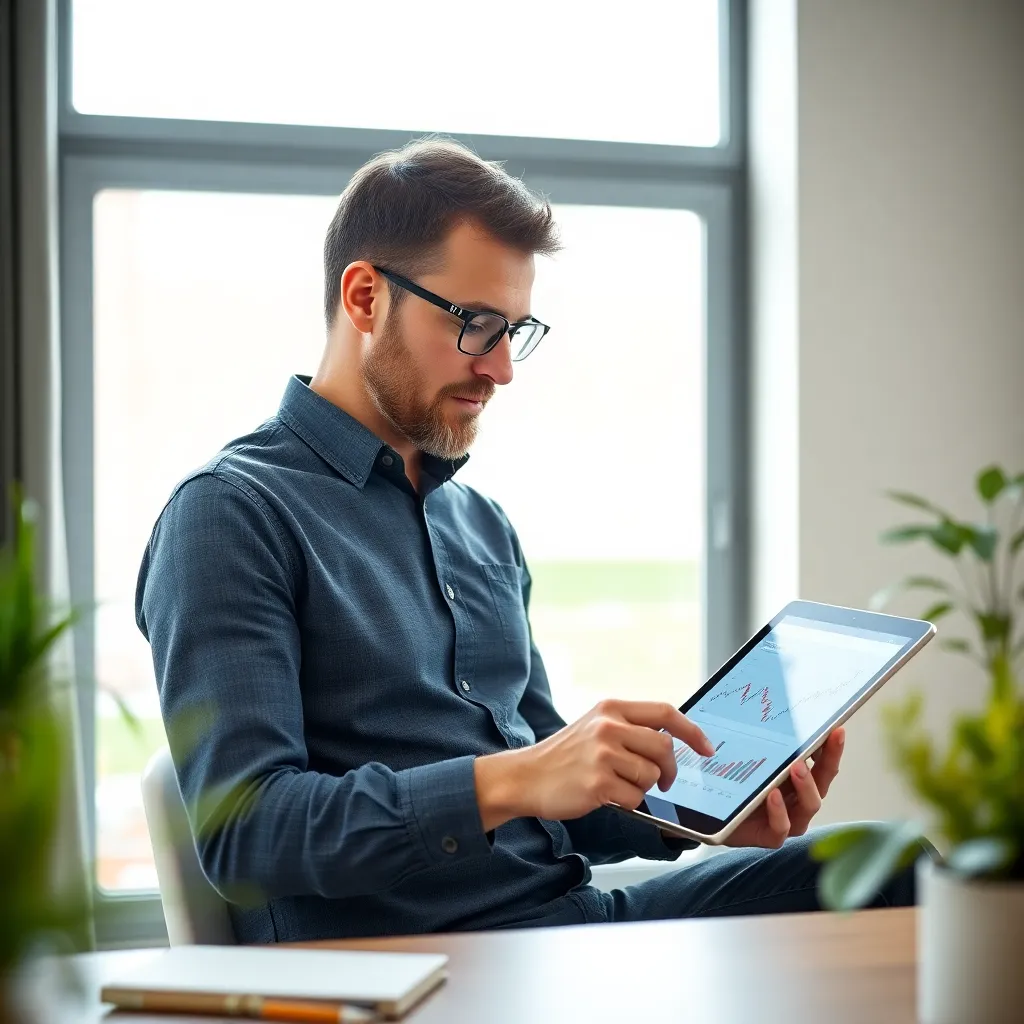 Jonge Nederlandse professional die spaarplan bekijkt op tablet