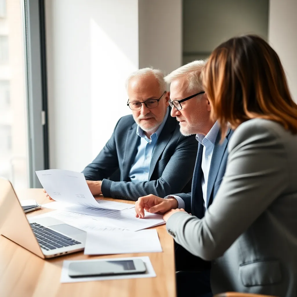 Oudere man bespreekt pensioenstrategieën met financieel adviseur, documenten en laptop op tafel