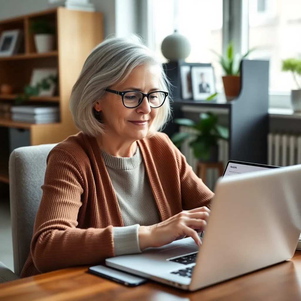 Senior vrouw bekijkt haar beleggingsportefeuille op laptop met financiële grafieken