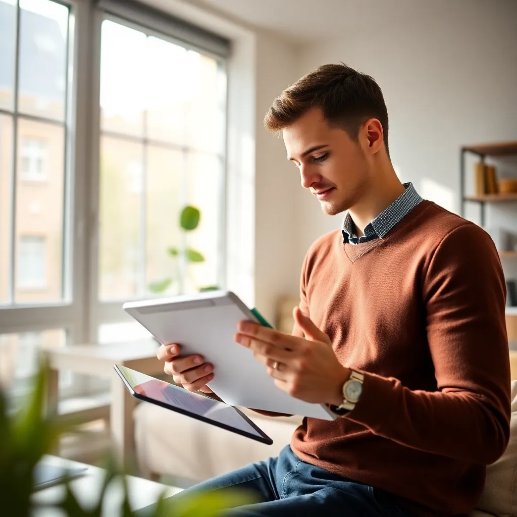 Jonge Nederlandse professional die spaarplan bekijkt op tablet