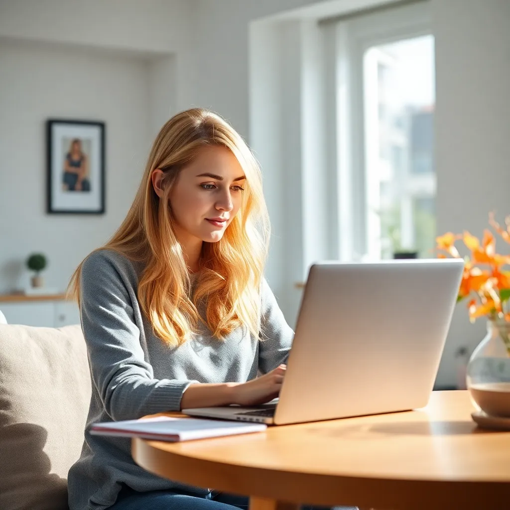 Jonge vrouw beheert haar financiën op laptop